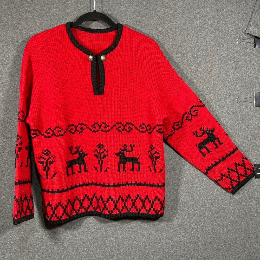 Vintage Red Black Reindeer Fair Isle Knit Crew‎ Neck Sweater Women's Size 44